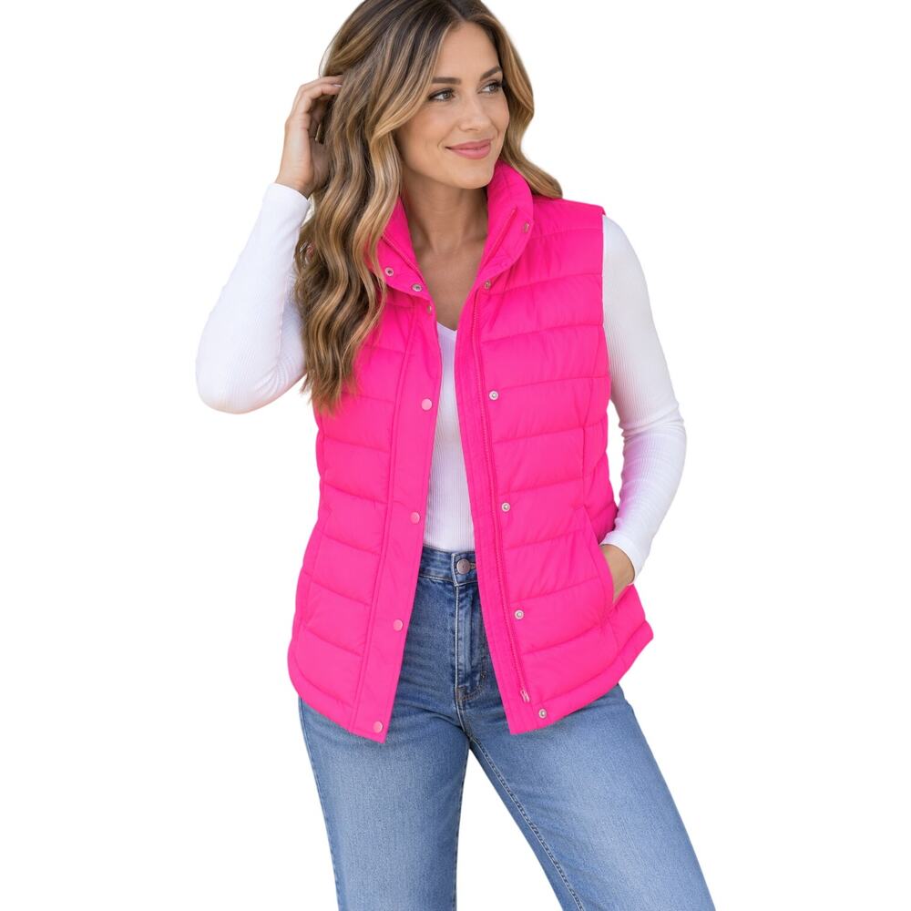 Gap Hot Pink Puffer Vest Women's Large Lightweight Quilted Snap Zip